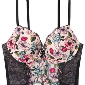 Victoria's Secret Very Sexy Pink&Black Lace Floral Corset Bra 34DD Coquette Lace